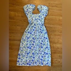 Blue Floral Midi Dress Puff Sleeve Square Neck Cottagecore Size 2